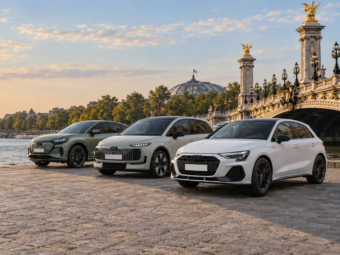 Audi Q4 e-tron, A2 e-tron et A3 Sportback sur un quai de Seine en fin de journée, au pied du pont Alexandre III et du Grand Palais