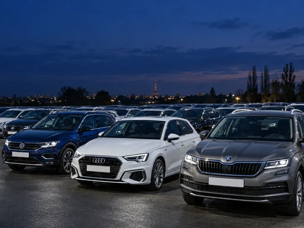 Rangées de voitures d’occasion Volkswagen, Audi et Škoda à la tombée de la nuit, tour Eiffel au loin