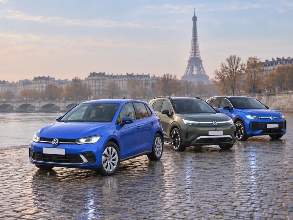Volkswagen Polo, ID. Cross et T-Roc sur un quai de Seine, tour Eiffel au loin